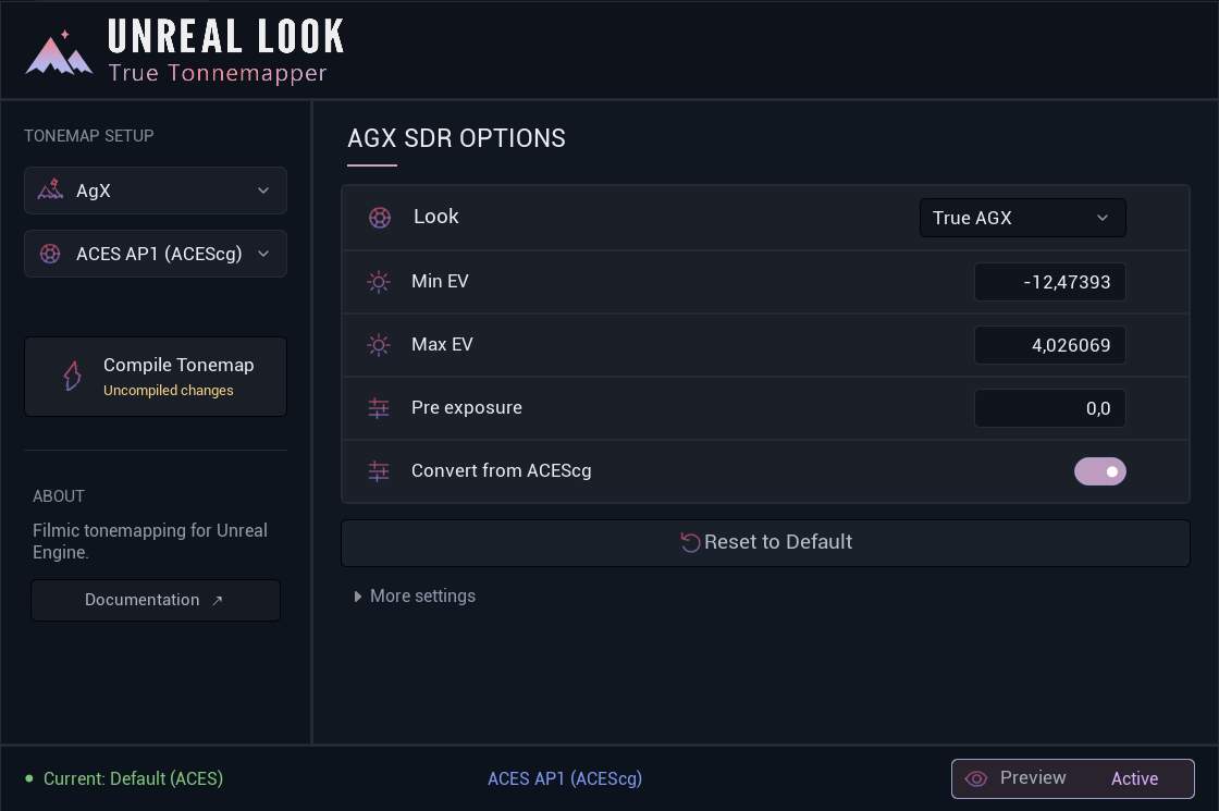 Tonemapper Studio with AgX selected, showing the sidebar, look and exposure controls, and footer.
