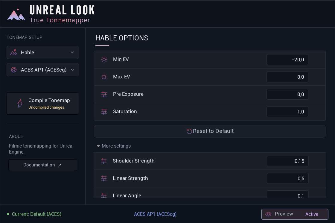 Tonemapper Studio with Hable selected and its operator-specific parameter controls.