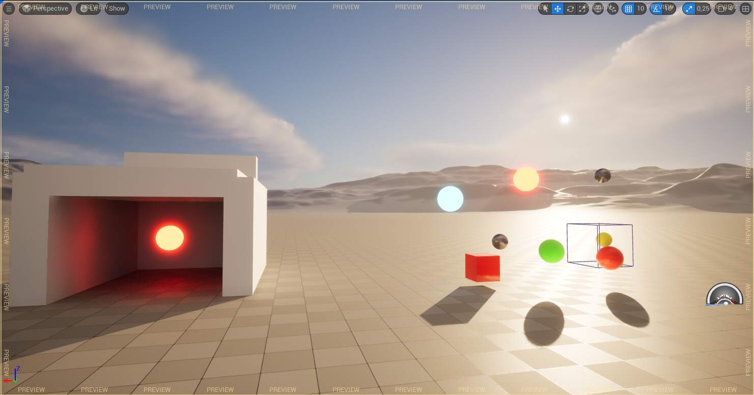Unreal Editor viewport with the PREVIEW frame enabled